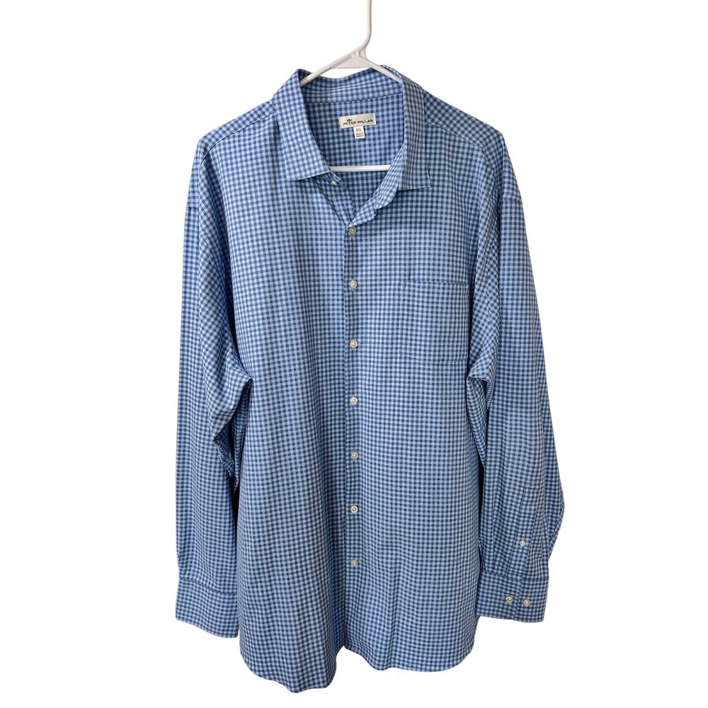 Peter Millar Men's Check Long Sleeve‎ Button-Up Shirt Preppy Blue Size 2XL